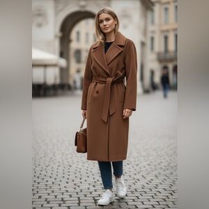 NWT Bernardo Double Breasted Wool Blend Belted Maxi Coat In Color Tobacco SZ-1X